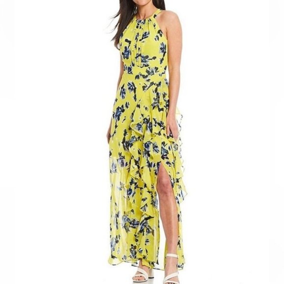 Eliza J NWT Yellow Blue Floral Ruffle Sleeveless Maxi Dress 10 - Picture 1 of 9